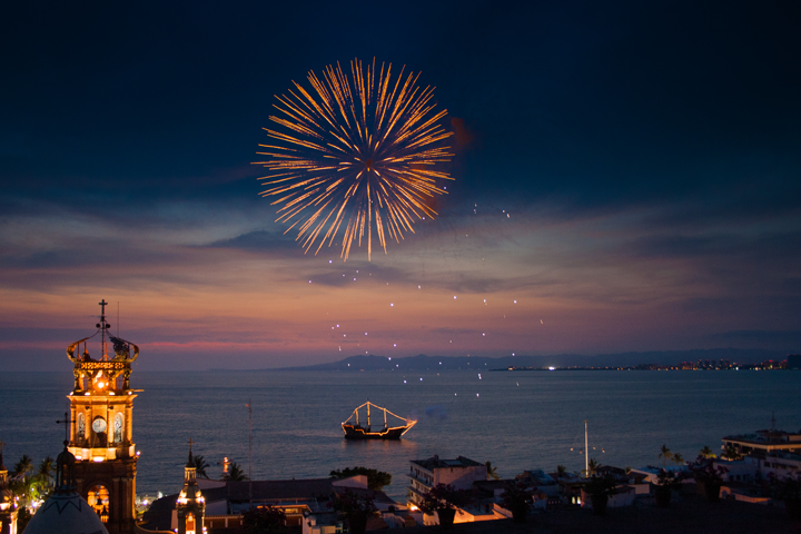 Every night the sky in front of the Malecon lights up with firework displays in Puerto Vallarta